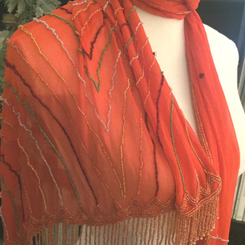 Orange Beaded SILK Scarf